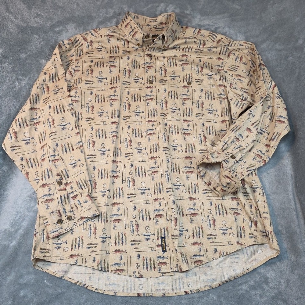 Woolrich All Over Print Fly Fishing Button Down‎  Men's Size XL Long Sleeve...